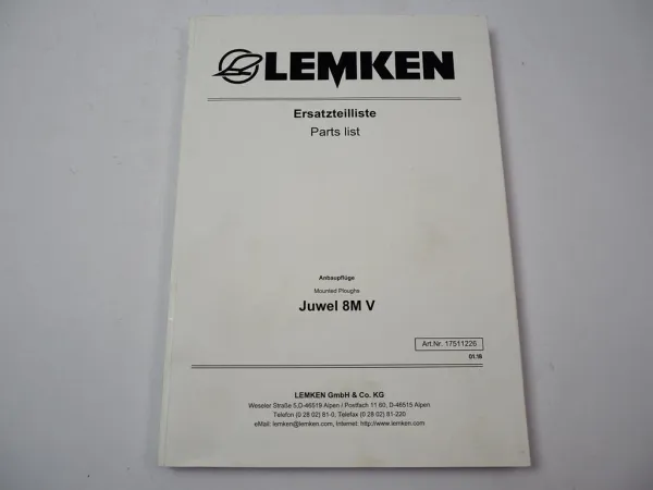 Lemken Juwel 8M V Anbaupflug Ersatzteilliste Spare Parts List 2018
