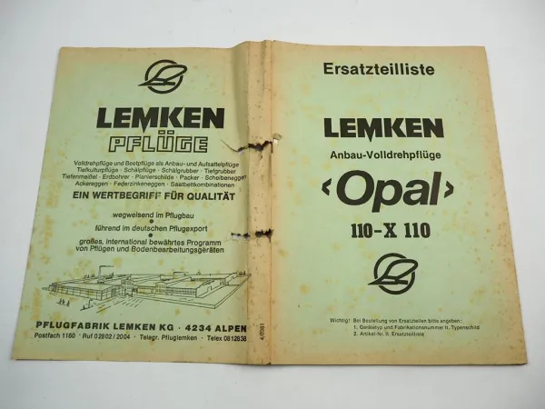 Lemken Opal 110 X110 Anbau Volldrehpflug Ersatzteilliste 1980er Jahre