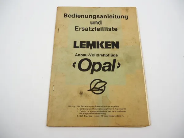 Lemken Opal RLV RLA RV RA Volldrehpflug Betriebsanleitung Ersatzteilliste