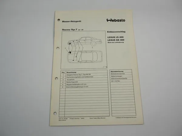 Lexus LS 400 GS 300 Einbauanleitung Webasto Thermo Top T BW50 Heizung