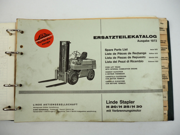 Linde H 20 25 30 Gabelstapler mit F3L 912 Deutz Dieselmotor Ersatzteilliste 1972