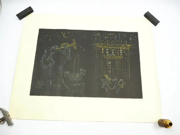 Lithografie Hans Fischer Schweiz Gestiefelter Kater Nachtkonzert Nachlassstempel