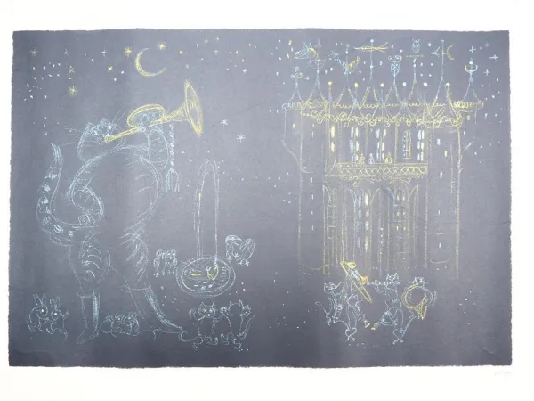 Lithografie Hans Fischer Schweiz Gestiefelter Kater Nachtkonzert Nachlassstempel