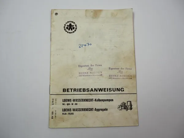 Loewe Wasserknecht WL WN W HD Pumpe Filia Filius Aggregat Betriebsanleitung 1976