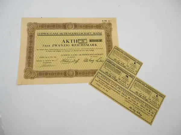 Ludwig Ganz AG Mainz Textilien 20 RM alte Sammler Aktie No. 13931 von 1924