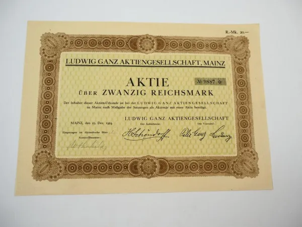 Ludwig Ganz AG Mainz Textilien 20 RM alte Sammler Aktie No. 9887 von 1924