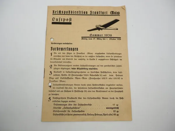 Luftpostverbindungen Preisliste 1938 Reichspost Direktion Frankfurt weltweit