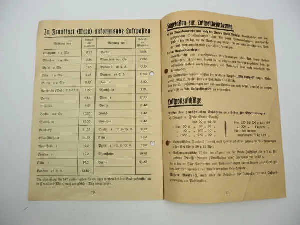 Luftpostverbindungen Preisliste 1938 Reichspost Direktion Frankfurt weltweit