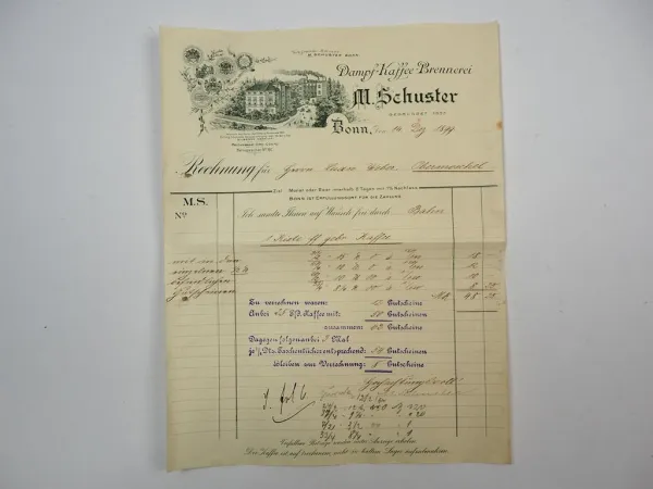 M. Schuster Dampf Kaffee Brennerei Bonn Rechnung 14. Dez. 1899