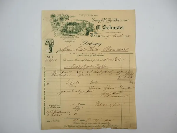 M. Schuster Dampf Kaffee Brennerei Bonn Rechnung 1903 Nr. 6054