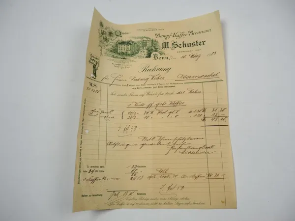 M. Schuster Dampf Kaffee Brennerei Bonn Rechnung 1903 Nr.1250
