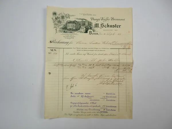 M. Schuster Dampf Kaffee Brennerei Bonn Rechnung 4. Sept. 1899