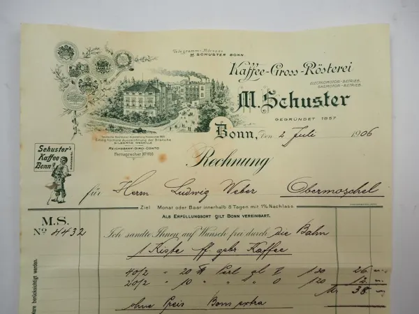 M. Schuster Kaffee Gross Rösterei Bonn Rechnung 2. Juli 1906