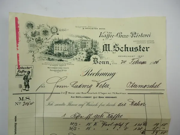 M. Schuster Kaffee Gross Rösterei Bonn Rechnung 24. Februar 1906