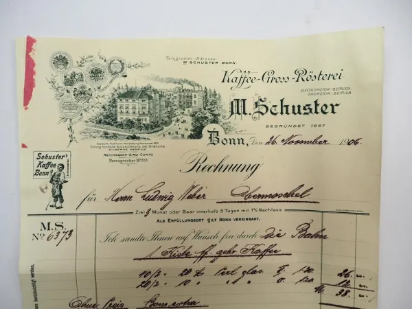 M. Schuster Kaffee Gross Rösterei Bonn Rechnung 26. Nov. 1906