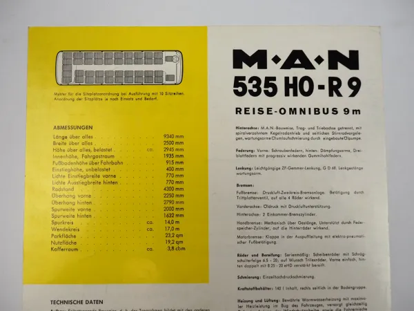 MAN 535 H0 R9 Omnibus Reisebus Motor D0836 135 PS Prospekt 1960/70er Jahre