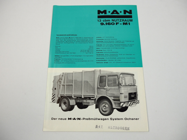 MAN 9.160F M1 Pressmüllwagen System Ochsner mit D0836 Motor Prospekt 1970/80er