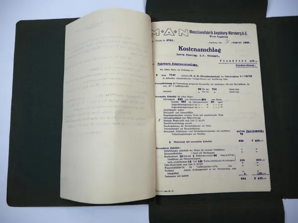 MAN W4V12/18 Dieselmotor Mappe mit Angebot 1928 Ingersoll Rand Kompressor