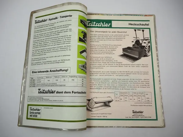 Mappe mit 10x Prospekt Tritschler Anbaugeräte für Schlepper 1970er Jahre