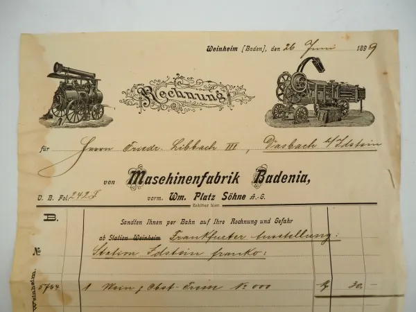 Maschinenfabrik Badenia Platz Lokomobil Weinheim Baden Rechnung 1899