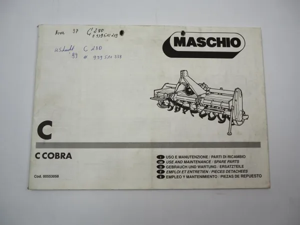 Maschio C 180 - 300 Cobra Hackfräse Betriebsanleitung Ersatzteilliste 1990er Jahre