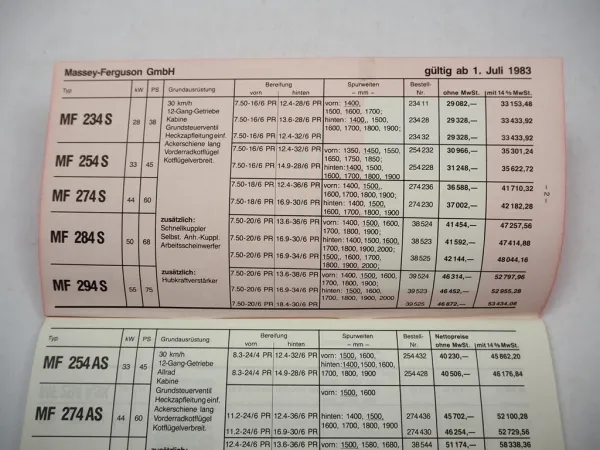Massey Ferguson MF 154S bis 2720A Schlepperprogramm Preisliste 1983