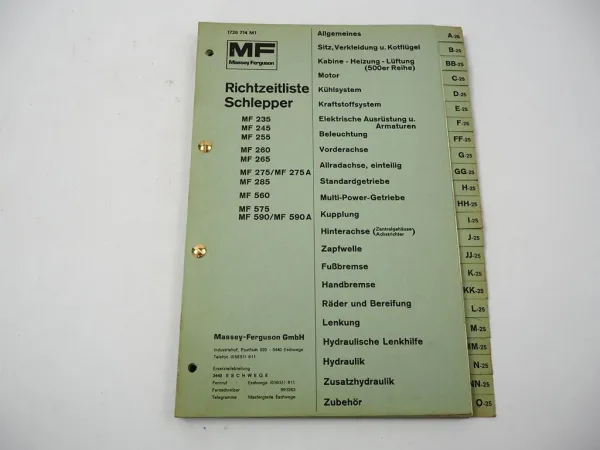 Massey Ferguson MF 235 - 590 A Schlepper Reparatur Richtzeitliste