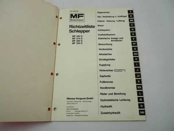 Massey Ferguson MF 254 274 284 294 S Schlepper Richtzeiten Reparatur