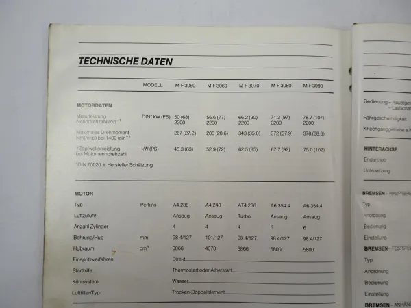 Massey Ferguson MF 3050 3060 3070 3080 3090 Schlepper Produktinformation 1986