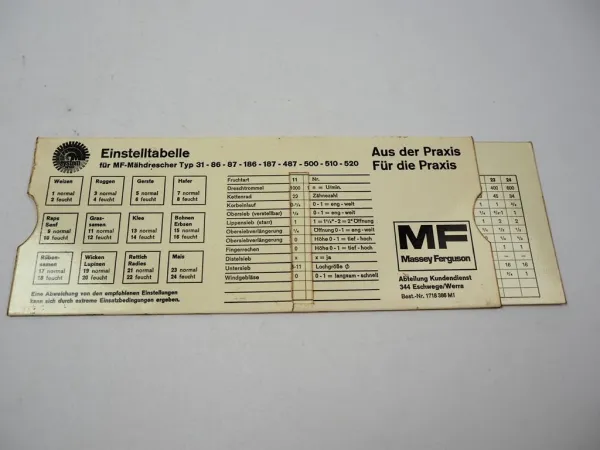 Massey Ferguson MF 31 86 87 186 187 487 500 510 520 Mähdrescher Einstelltabelle