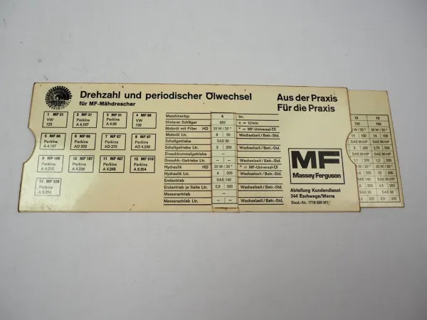 Massey Ferguson MF 31 86 87 186 187 487 500 510 520 Mähdrescher Einstelltabelle