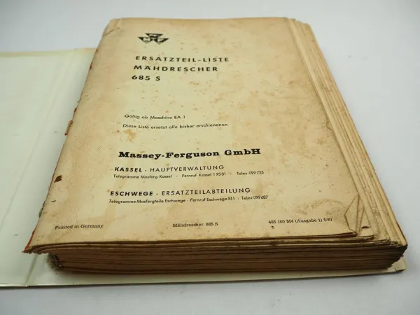 Massey Ferguson MF 685 S Mähdrescher Ersatzteilliste 1961