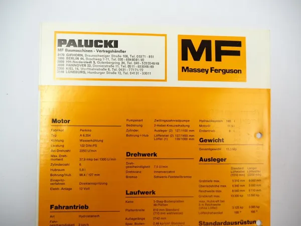 Massey Ferguson MF450S Hydraulikbagger 102 PS Prospekt 1970/80er Jahre