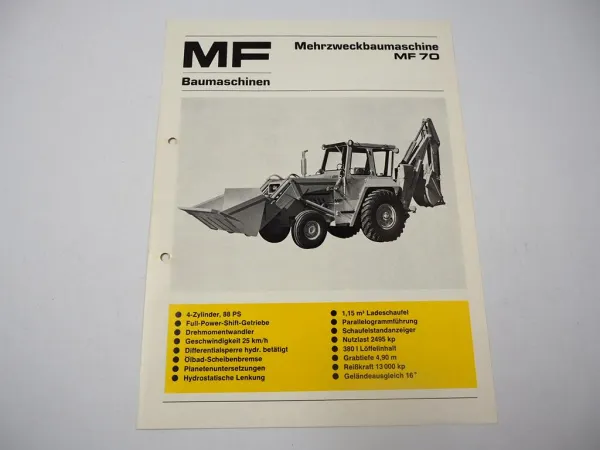 Massey Ferguson MF70 Mehrzweckbaumaschine Baggerlader Prospekt 1973