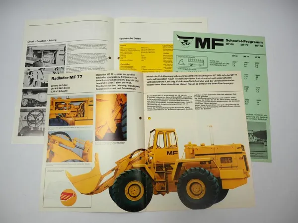 Massey Ferguson MF77 Radlader 3x Prospekt Technische Daten 1971/72