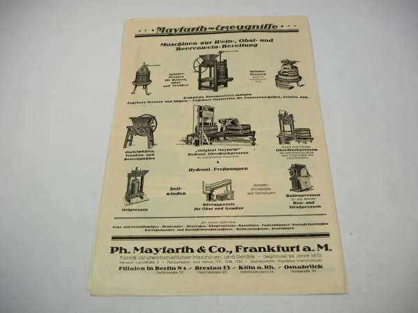 Mayfarth Maschinen zur Bodenbearbeitung Prospekt Landtechnik 1922 Frankfurt a M