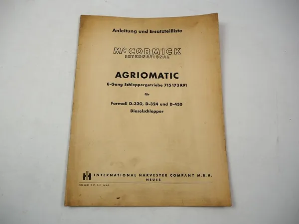 Mc Cormick D-320 D-324 D-430 Farmall Agriomatic Getriebe Betriebsanleitung ETL
