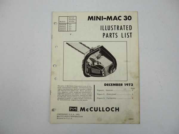 McCulloch MiniMac30 Chain Saw Motorsäge Ersatzteilliste Parts List 1973