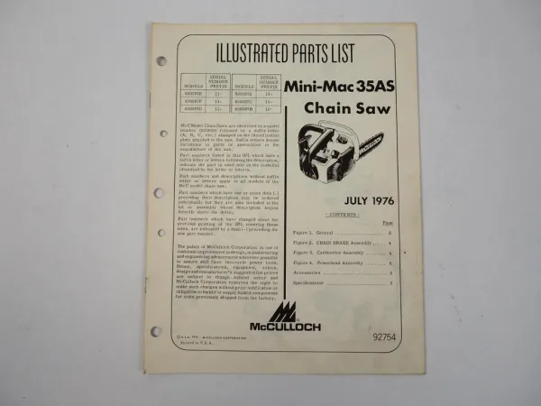 McCulloch MiniMac35AS Chain Saw Motorsäge Ersatzteilliste Parts List 1976