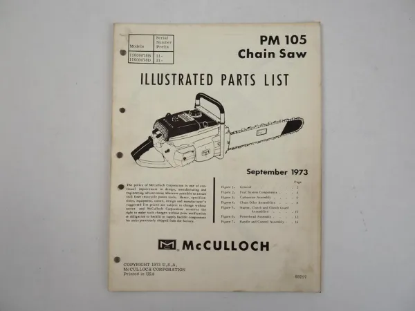 McCulloch PM105 Chain Saw Motorsäge Ersatzteilliste Parts List 1973