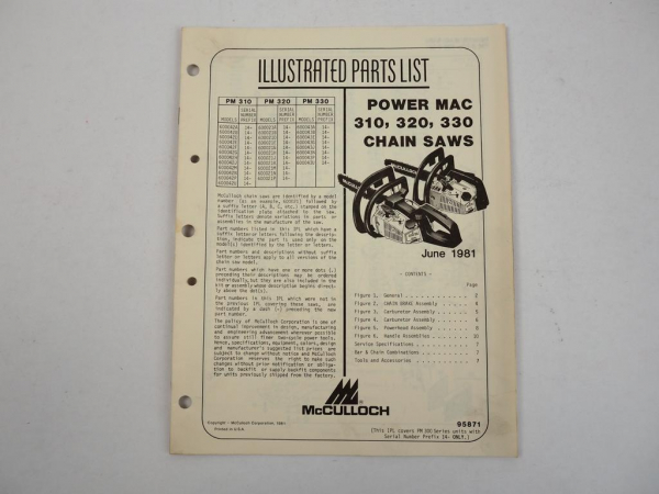 McCulloch PowerMac 310 320 330 Chain Saw Motorsäge Ersatzteilliste PartsList1981