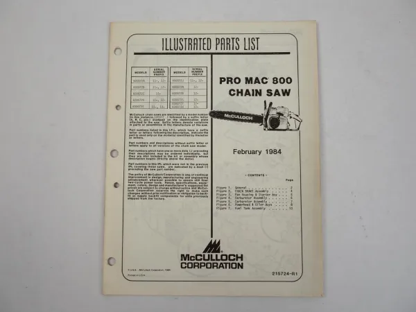 McCulloch ProMac800 Chain Saw Motorsäge Ersatzteilliste Parts List 1984