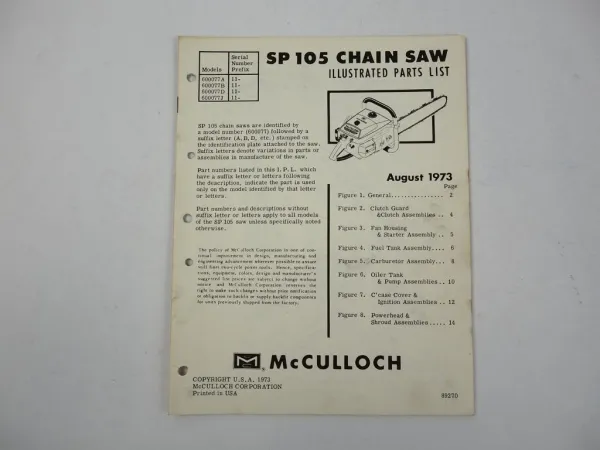 McCulloch SP105 Chain Saw Motorsäge Ersatzteilliste Parts List 1973