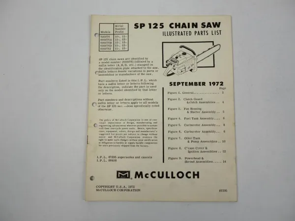 McCulloch SP125 Chain Saw Motorsäge Ersatzteilliste Parts List 1972