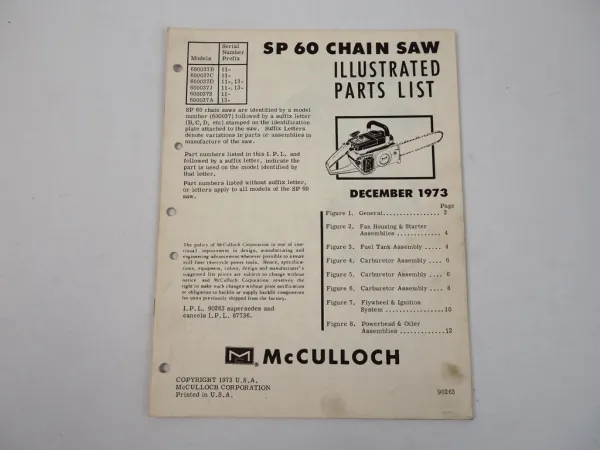 McCulloch SP60 Chain Saw Motorsäge Ersatzteilliste Parts List 1973
