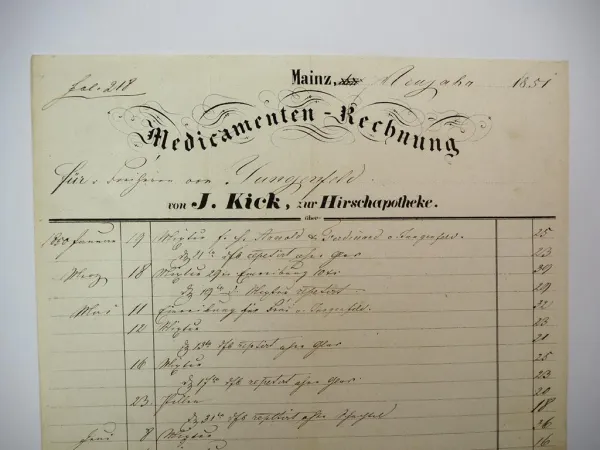 Medikamenten Rechnung Hirsch Apotheke Mainz 1851