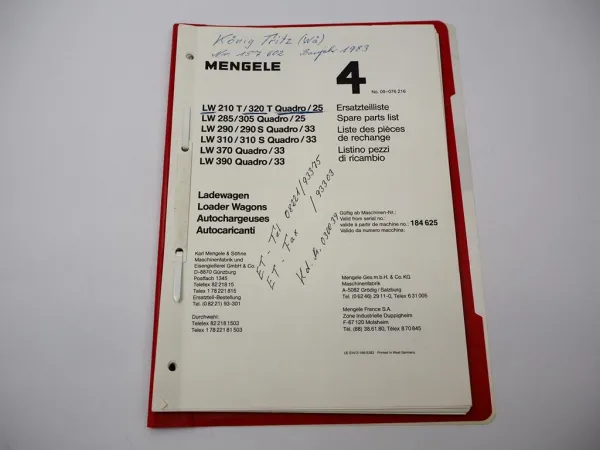Mengele LW 210T 320T 285 305 290 310 370 390 Quadro Ersatzteilliste ca. 1986
