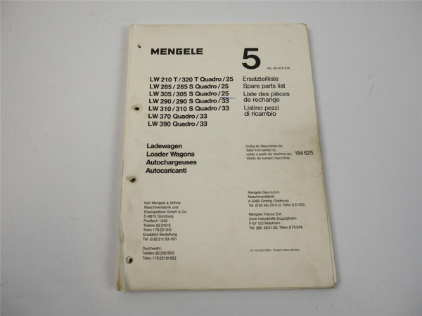 Mengele LW 210T 320T 285 305 290 310 370 390 Quadro Ersatzteilliste ca. 1987