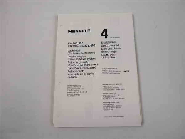 Mengele LW 280 290 320 330 370 490 Ladewagen Ersatzteilliste ca. 1983
