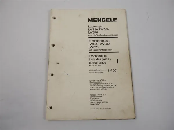 Mengele LW 290 330 370 Ladewagen Ersatzteilliste Ersatzteilkatalog 1980